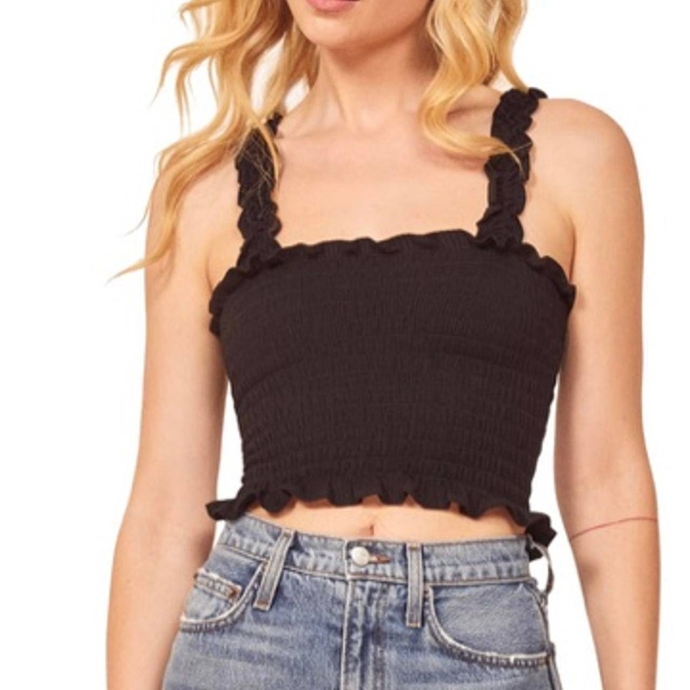 Reformation Leonore Smocked Cropped Tank Top Womens M Black Preowned Ruffled‎